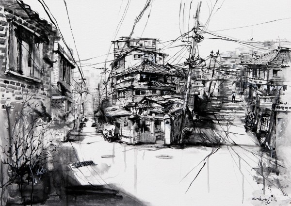 ‘귀로-옛동네#5, 91×65cm, 캔버스 위에 먹, 2017’. 사진=이은황 제공