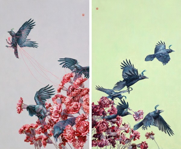 ‘위장된 아름다움(The Camaouflaged Beauty), 130.3×78cm, 캔버스에 유채, 2016’ & ‘허용된 풍경(The Permitted Landscape), 130.3×78cm, 캔버스에 유채, 2016’. 사진=박수진 제공