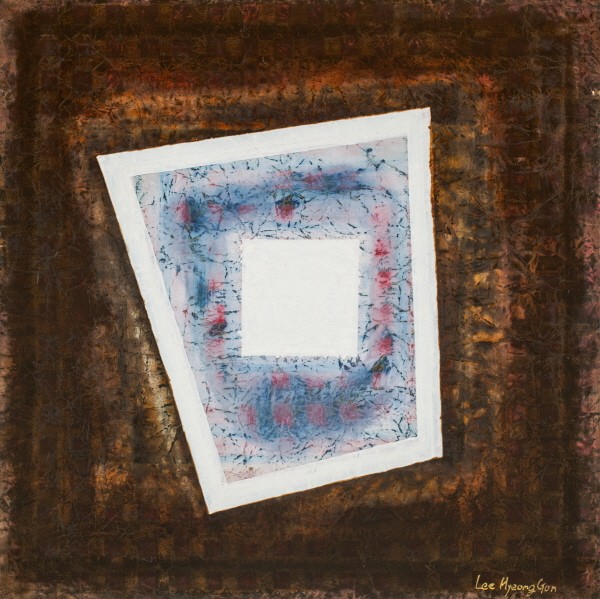 ‘떨림과 울림_11, 90×90cm, 장지, 분채, 아크릴물감, 옻칠’. 사진=이형곤 제공