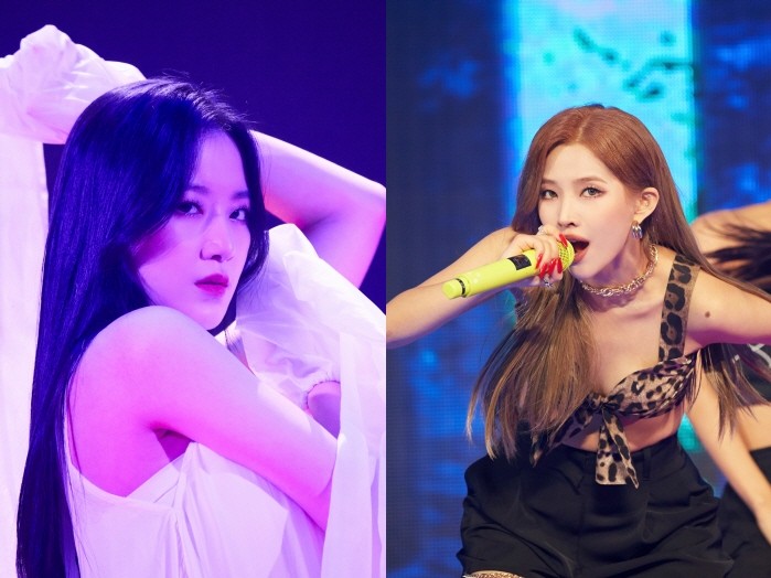 (왼쪽부터)개인무대중인 (여자)아이들 슈화, 소연. (사진=큐브엔터테인먼트 제공)