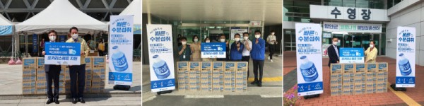 안양시 만안구 예방접종센터, 청주시 청원보건소, 함안군 예방접종센터에 포카리스웨트 지원 후 기념 사진을 촬영하고 있다. 사진=동아오츠카.