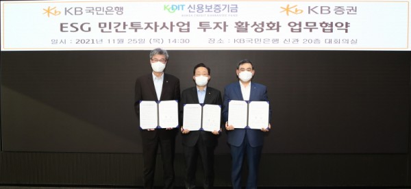 25일 KB국민은행 여의도 신관에서 열린 'ESG 민간투자사업 투자 활성화 업무협약식'에서 (왼쪽 첫 번째)허인 KB국민은행장, (왼쪽 두 번째)윤대희 신용보증기금 이사장, (오른쪽 첫 번째)김성현 KB증권 대표이사가 업무협약을 체결하고 기념촬영을 하고 있다. 사진=KB국민은행.