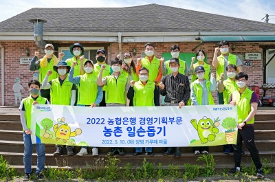 NH농협은행 경영기획부문 임동순 수석부행장(첫줄 왼쪽에서 4번째)과 직원들이 경기도 양평군 가루매 마을을 찾아 농촌 일손 돕기 전 기념촬영을 하고 있다. 사진=NH농협은행.