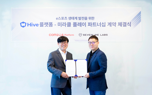 컴투스플랫폼 최석원 대표(좌)와 미라클 플레이 김현 대표가 기념사진을 촬영하고 있다. 사진=컴투스홀딩스.